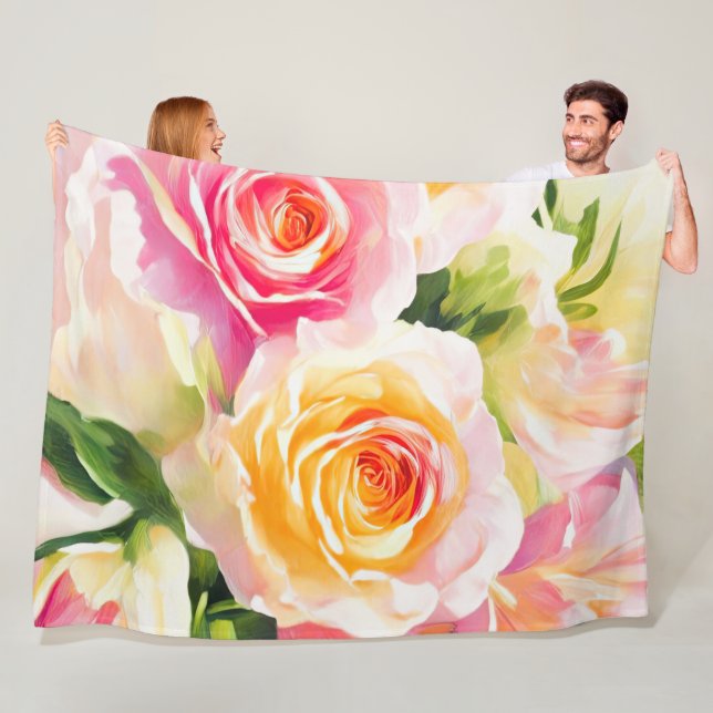 Couverture Polaire Peinture de roses jaunes et roses (En situation)