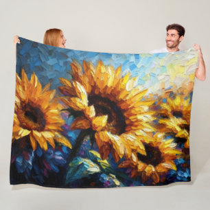 Couverture Polaire Peinture Impasto de tournesols Bleu