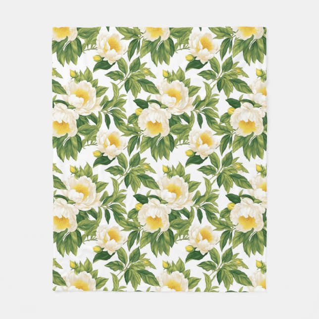 Couverture Polaire Peonies de Claire de Lune blanches et jaunes (Devant)