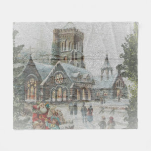 Couverture Polaire Père Noël ancienne avec enfants devant une église
