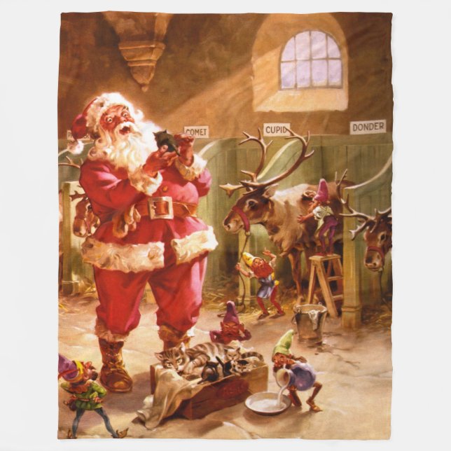 Couverture Polaire Père Noël dans la grange de renne (Devant)