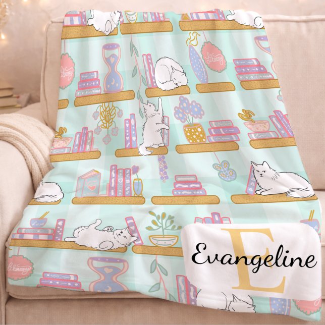 Couverture Polaire Personalized Bookish Cat Gift Green Pastel Name (Créateur téléchargé)