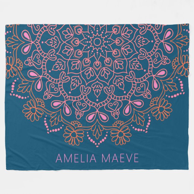Couverture Polaire Personalized Name Boho Mandala Floral Blue Pink  (Devant (Horizontal))