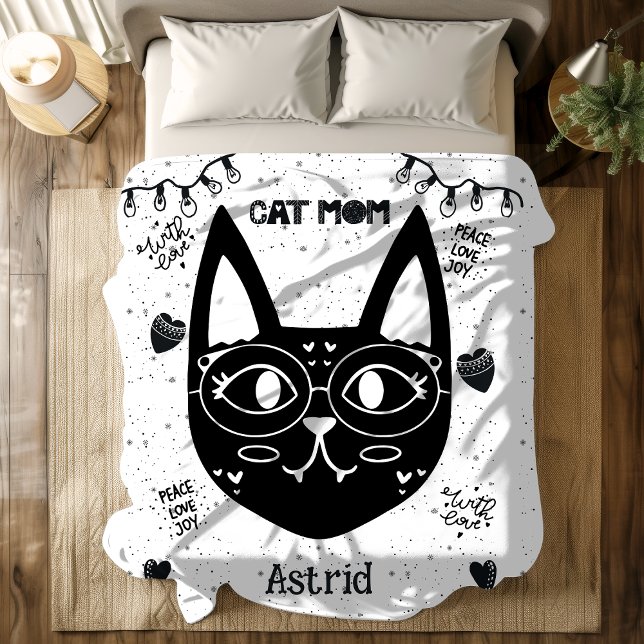 Couverture Polaire Personnalisé Chat Maman mignonne et Amoureux de le (Personalized Cat Mom Cute and Cozy Cat Lovers Fleece Blanket )