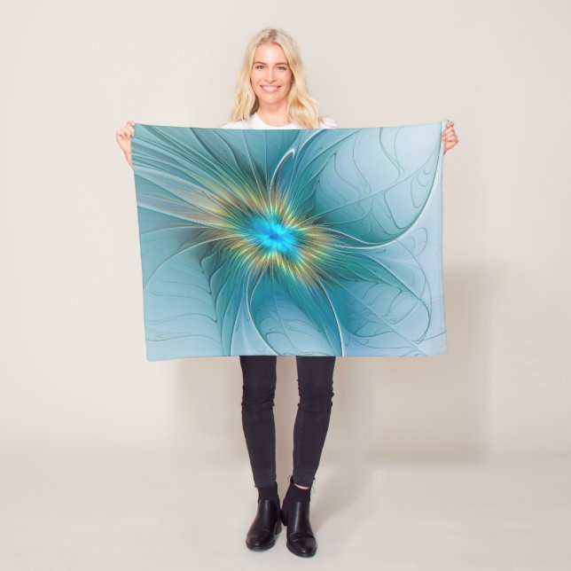 Couverture Polaire Petite Beauté Moderne Bleu Or Fractal Art Flower (En situation)