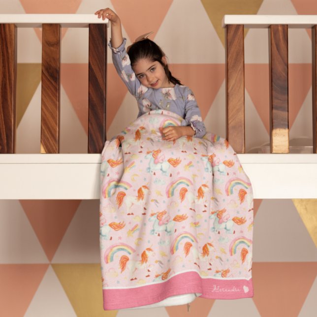 Couverture Polaire Petite fille rose licorne Motif avec prénom (Créateur téléchargé)