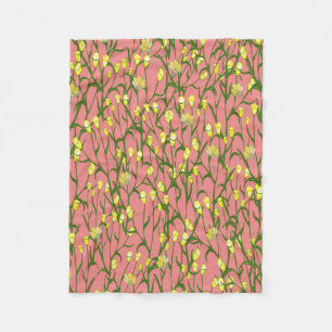 Couverture Polaire Petites fleurs et branches jaunes sur fond rose