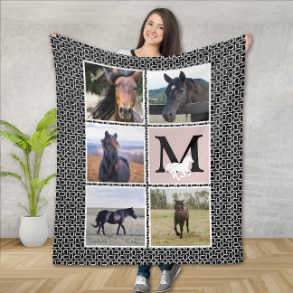 Couverture Polaire Photo Cheval Monogramme Blanc Noir