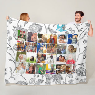 Couverture Polaire Photo Collage Blue Grey Floral Family Photos