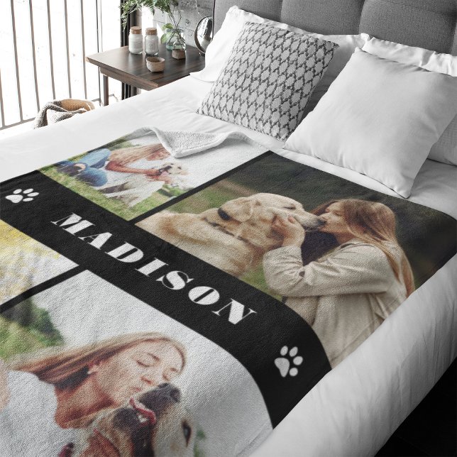 Couverture Polaire Photo Collage de pattes de chien noir (Capture precious pet moments with our Modern Pet Photo Collage Fleece Blanket. )