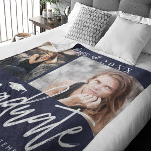 Couverture Polaire Photo Collage Graduation Fleece Blanket Navy Blue