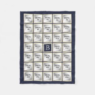 Couverture Polaire Photo Collage Monogram Gold Frame Editable Blue
