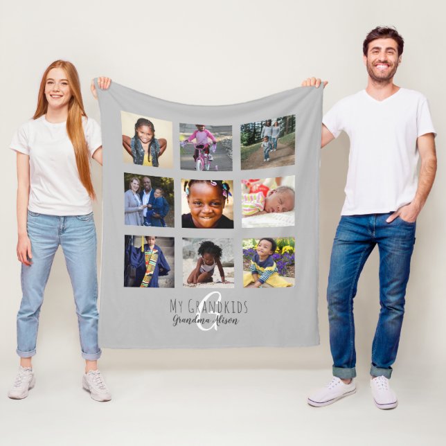 Couverture Polaire Photo Collage Monogramme Grand-Parrain Gris Gris (En situation)