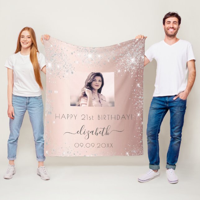 Couverture Polaire Photo d'anniversaire rose or argent parties scinti (En situation)