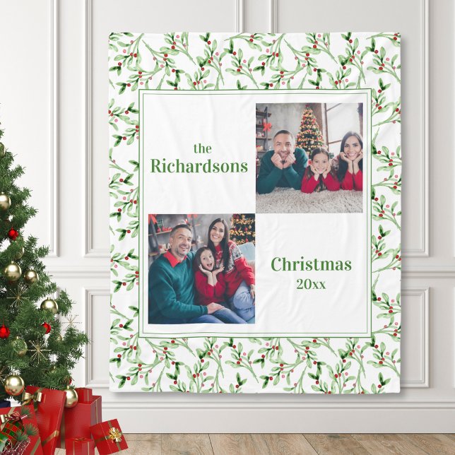 Couverture Polaire Photo de famille de Noël Blanche polaire (christmas family photo keepsake blanket with mistletoe background, cozy personalized christmas gift)