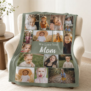 Couverture Polaire Photo de maman en collage vert sauge Je t'aime mam