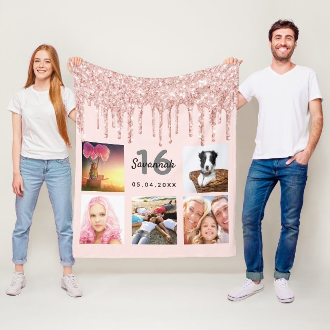 Couverture Polaire photo rose or parties scintillant 16e anniversaire (En situation)