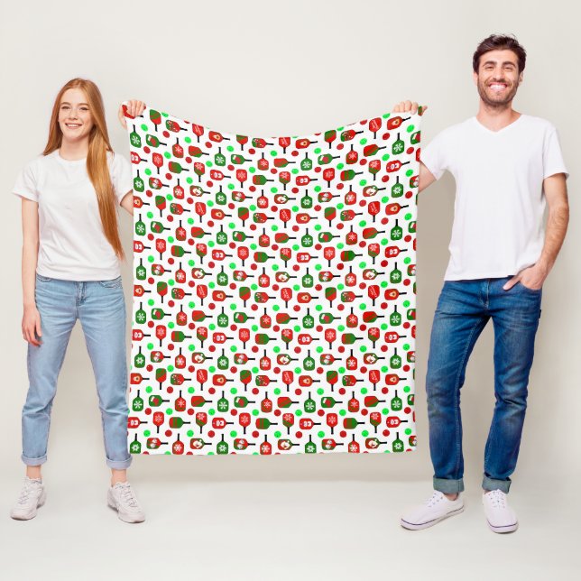 Couverture Polaire Pickleball de Noël Rouge Green Paddles Balls X Mas (En situation)