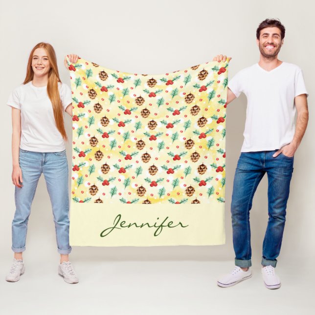 Couverture Polaire Pine Cones et Motif de Noël Holly (En situation)