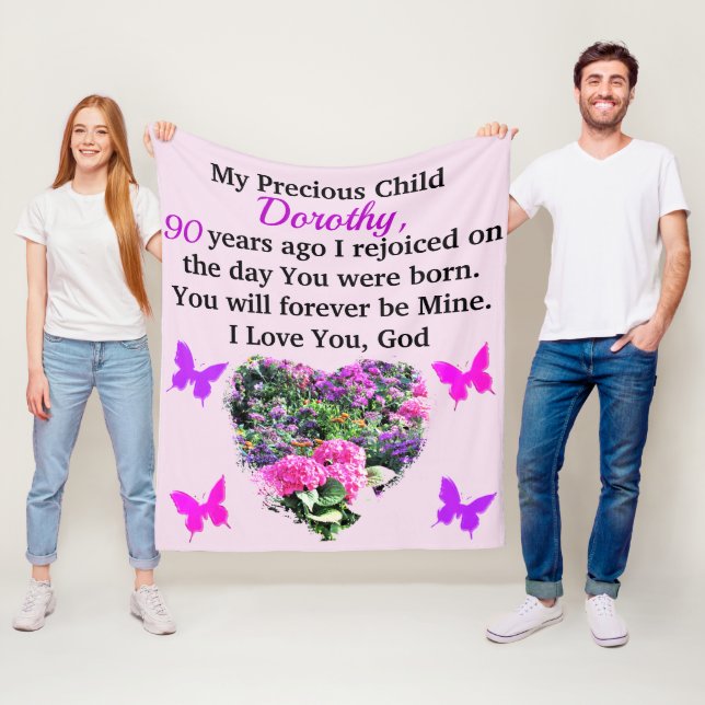 COUVERTURE POLAIRE PINK AND PURPLE FLORAL CUSTOM 90E ANNIVERSAIRE (En situation)