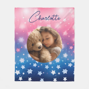 Couverture Polaire Pink Blue Stars Photo personnalisée et nom