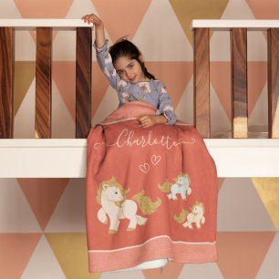 Couverture Polaire Pink Glitter Ponies with First Name Little Girl