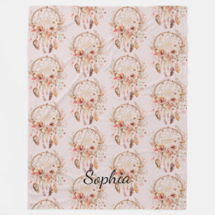 Couverture Polaire Pink Love Boho Floral Feathers Dream Catcher