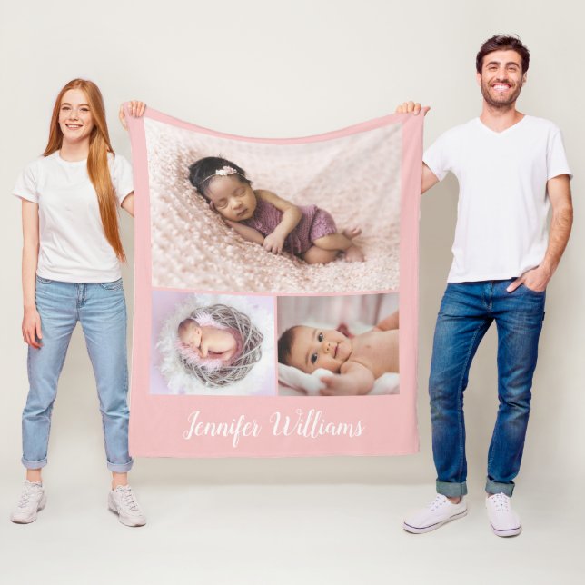 Couverture Polaire Pink Personalized Baby Girl Name & 3 Photo collage (En situation)
