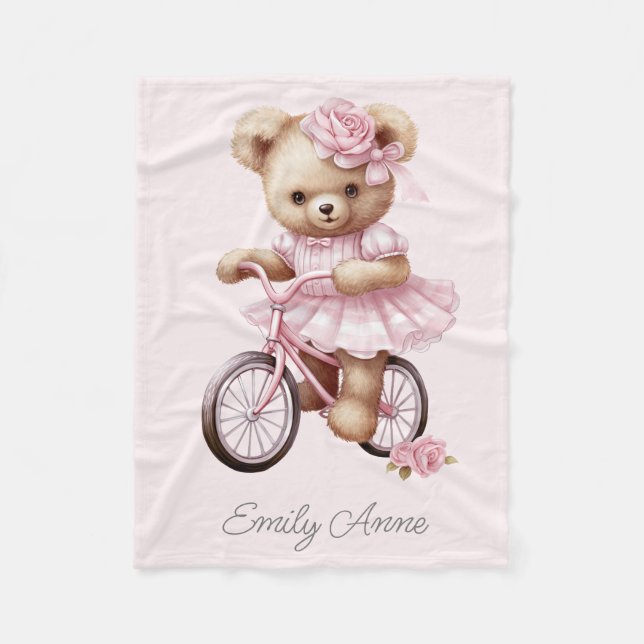 Couverture Polaire Pink Teddy Bear Flowers Bicycle Nom de l'enfant (Devant)
