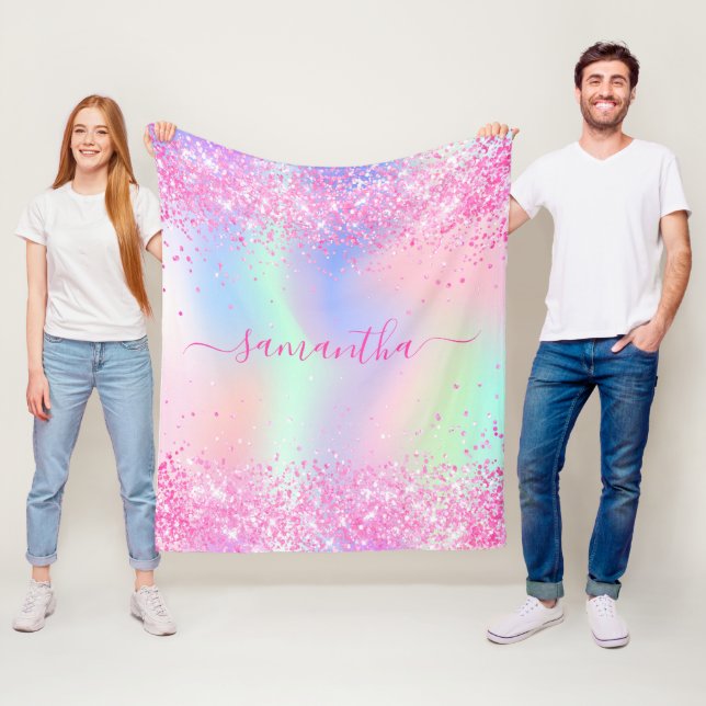 Couverture Polaire Pink violet nom script holographe fille (En situation)