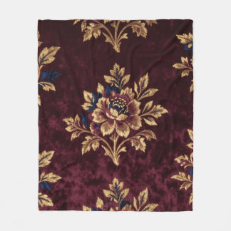 Couverture Polaire Pivoine Velours Bourgogne Broderie Florale Or