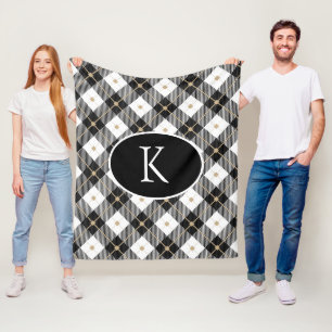 Couverture Polaire Plaid en noir blanc et or personnalisé avec monogr