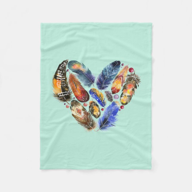 Couverture Polaire Plumes en forme de coeur Aquarelle Design (Devant)