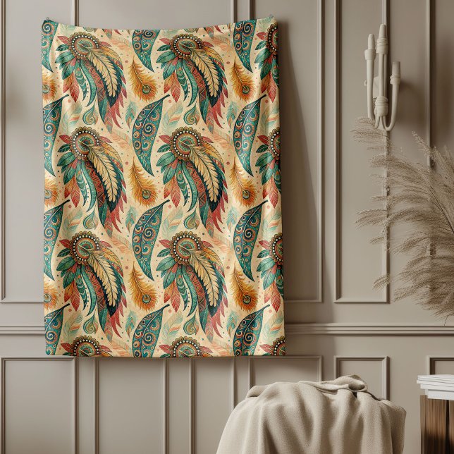 Couverture Polaire Plumes indigènes ethniques tribales vibrantes vert (Vibrant tribal ethnic native feathers pastel green fleece blanket)