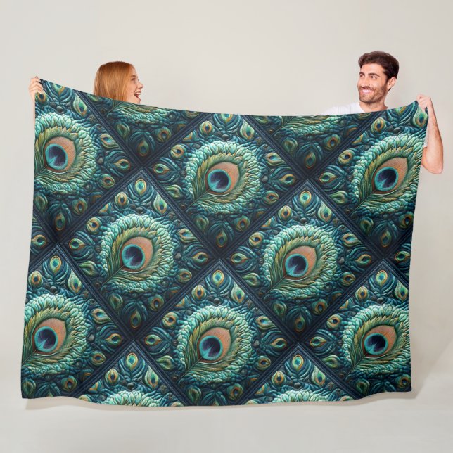Couverture Polaire Plumes Peacock Bleu Quilté Design (En situation)
