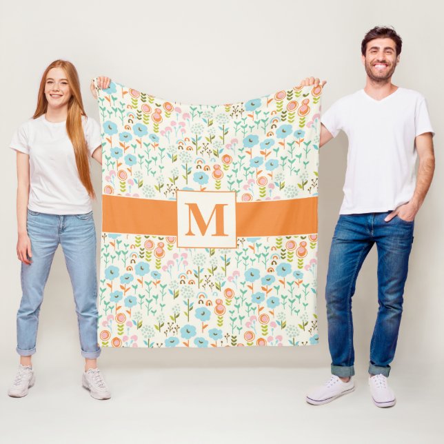 Couverture Polaire Plutôt Turquoise Bleu Orange Rose Motif Floral (En situation)
