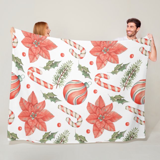 COUVERTURE POLAIRE POINSETTIAS ROUGES CANES DE BONBON ET ORNEMENTS (En situation)