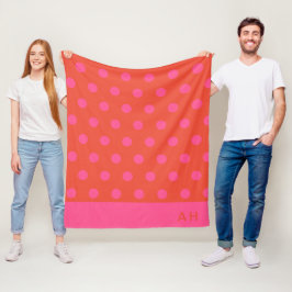 Couverture Polaire Pois rose et rouge orange monogrammé