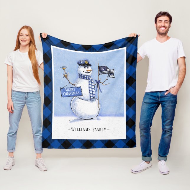 Couverture Polaire Police Ligne Bleue Mince Drapeau Noël Snowman Plai (En situation)