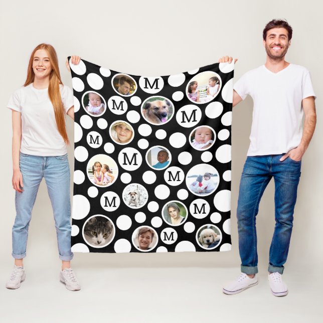 Couverture Polaire Polka Dot Black White Monogramme 14 Collage de pho (En situation)