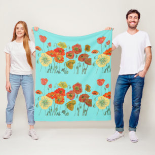Couverture Polaire Poppies de pavot jaune orange rouge Aqua aux fleur