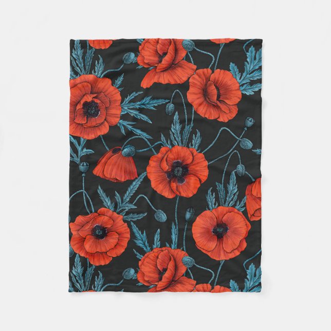 Couverture Polaire Poppies, rouge et bleu sur noir (Devant)