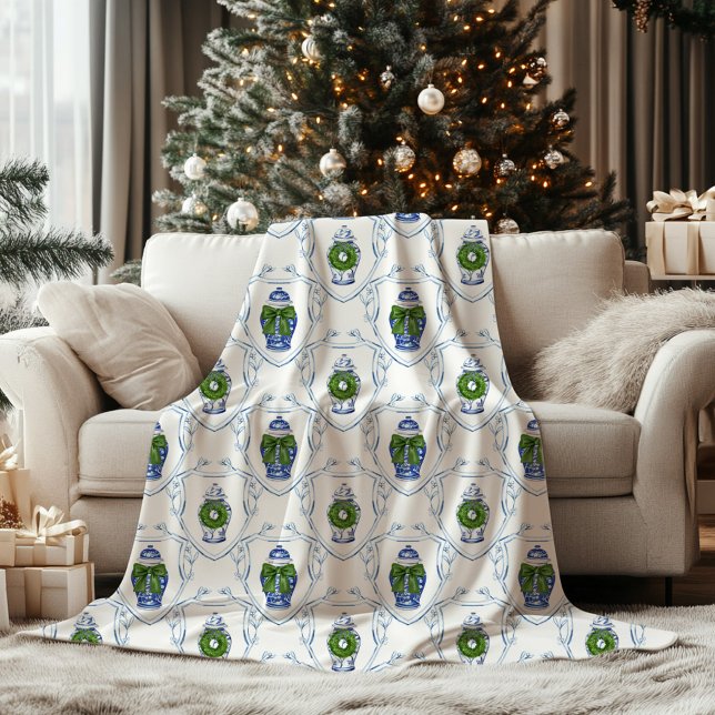 Couverture Polaire Pot à gingembre en chinoiserie monogrammé  (Chinoiserie Ginger Jar Christmas Blanket)