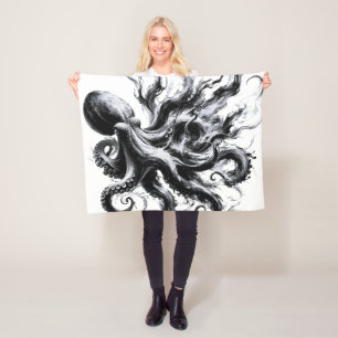 Couverture Polaire Poulpe Kraken Fluide Encre Abstraite