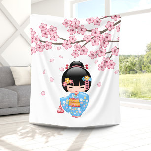 Couverture Polaire Poupée de Maiko Kokeshi - fille de geisha bleue d