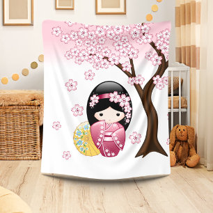 Couverture Polaire Poupée Kokeshi de printemps - Jolie fille geisha j
