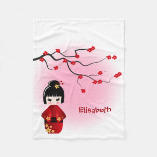 Couverture Polaire Poupée kokeshi japonaise aux fleurs de sakura