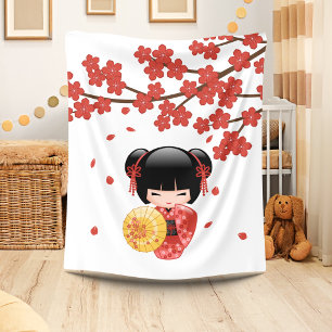 Couverture Polaire Poupée Kokeshi Sakura Rouge - Geisha Japonaise Mig