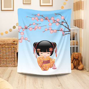 Couverture Polaire Poupée Kokeshi Ume - Fille Geisha Japonaise Bleue