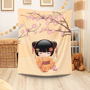 Couverture Polaire Poupée Kokeshi Ume - Geisha Japonaise aux Pêches